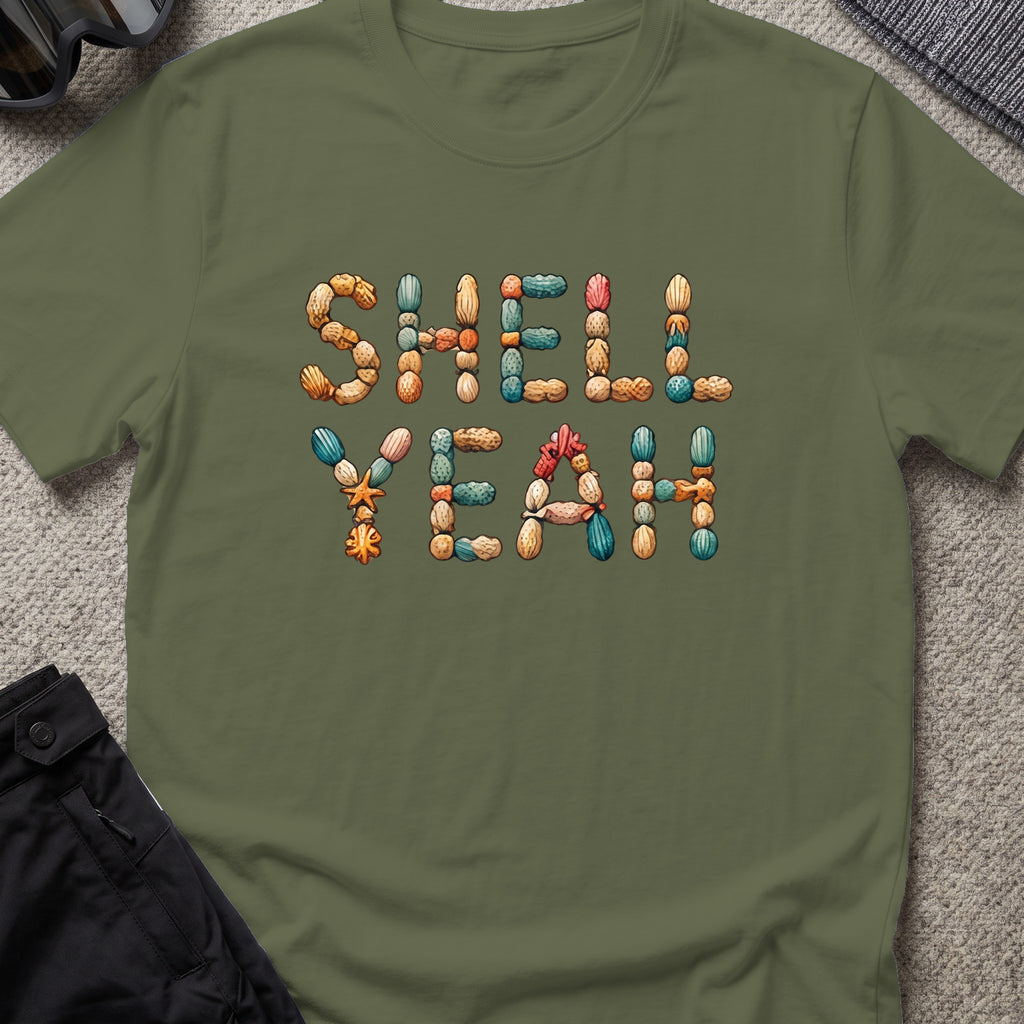 Shell Yeah T-Shirt in Military Green, front view.