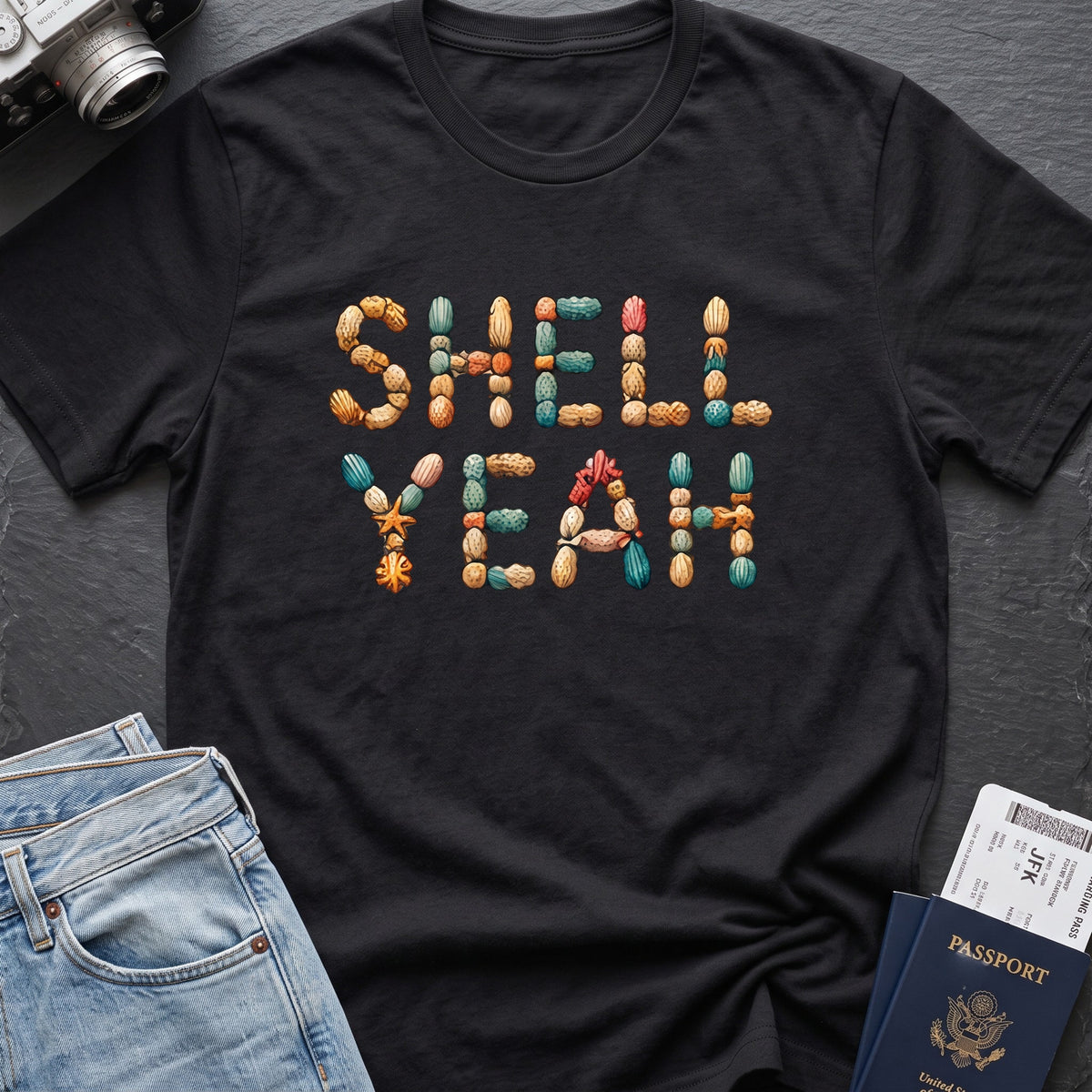 Shell Yeah T-Shirt in Black, front view.