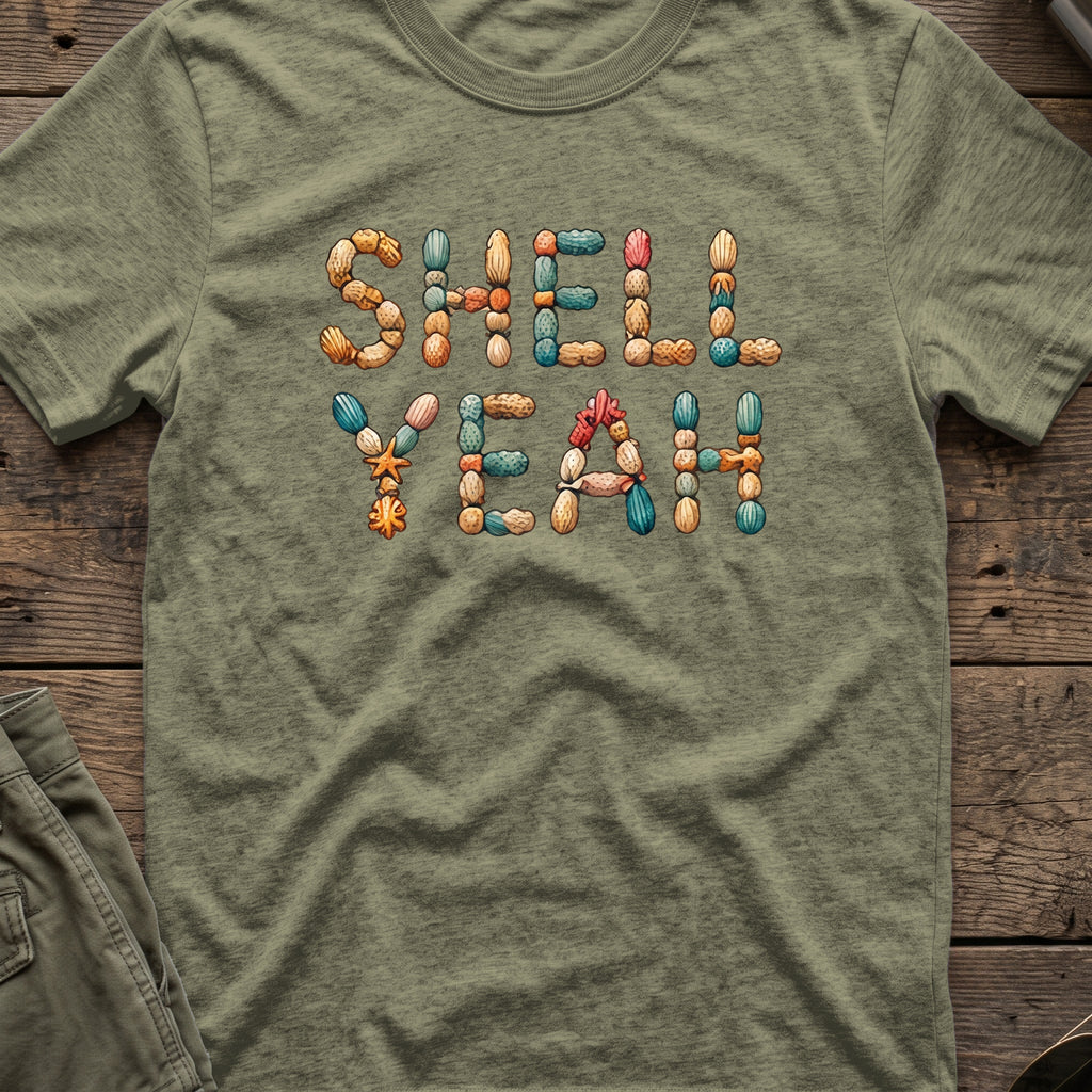 Shell Yeah T-Shirt in Heather Military Green, front view.