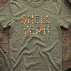 Shell Yeah T-Shirt in Heather Military Green, front view.