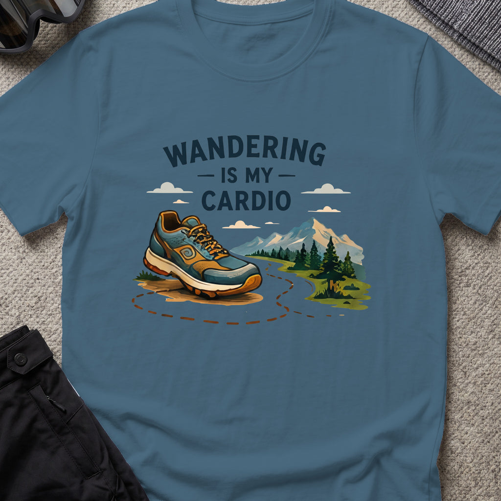 Wandering is my Cardio T-Shirt in Indigo Blue, front view.
