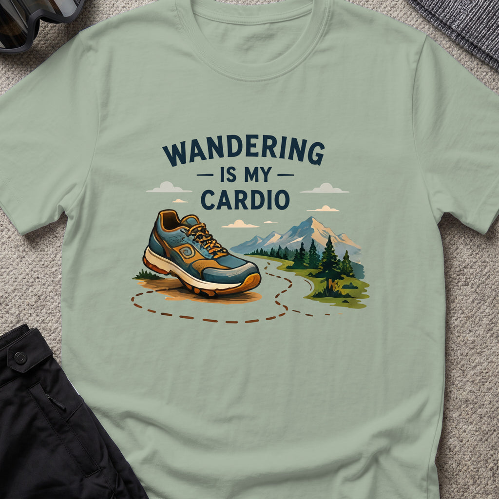 Wandering is my Cardio T-Shirt in Sage, front view.