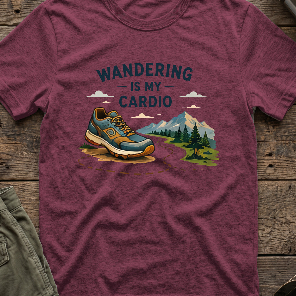 Wandering is my Cardio T-Shirt in Heather Maroon, front view.