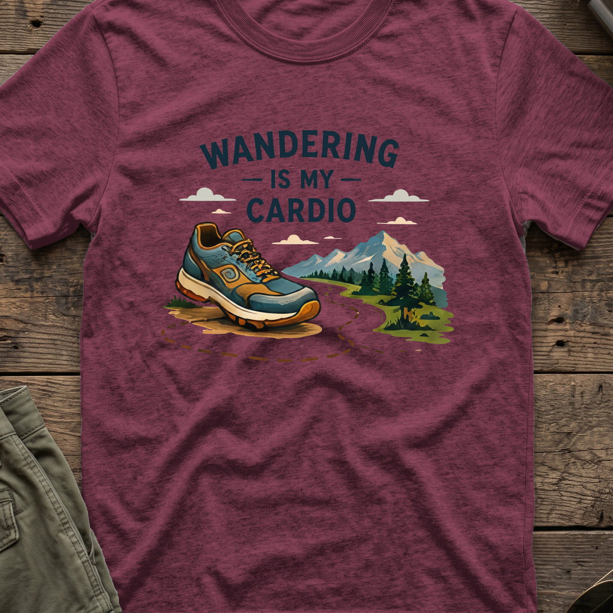 Wandering is my Cardio T-Shirt in Heather Maroon, front view.