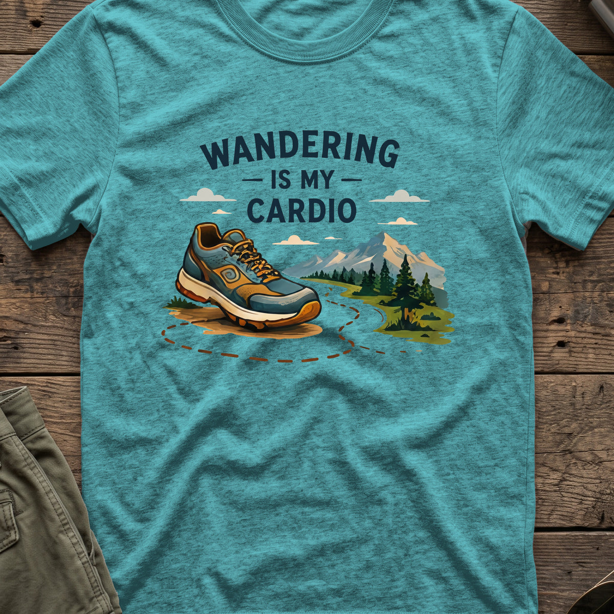 Wandering is my Cardio T-Shirt in Heather Galapagos Blue, front view.