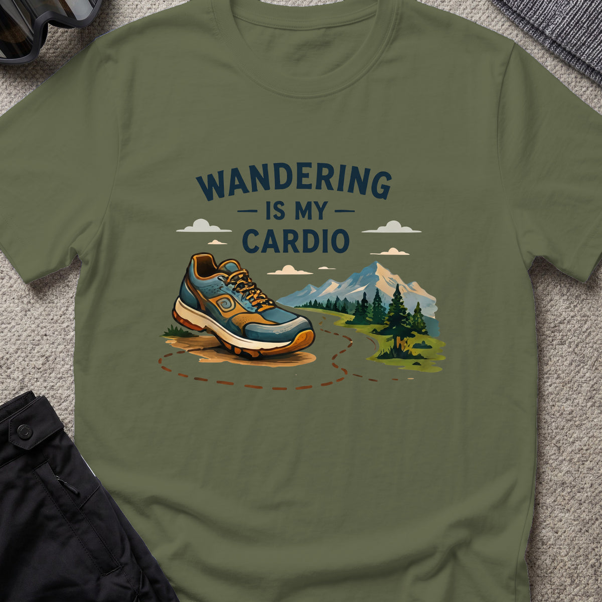 Wandering is my Cardio T-Shirt in Military Green, front view.