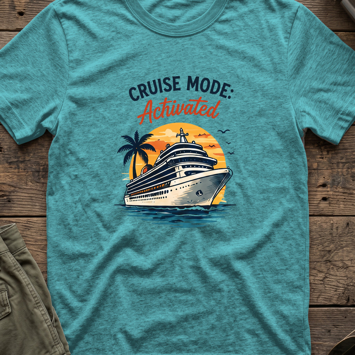 Cruise Mode Activated T-Shirt in Heather Galapagos Blue, front view.
