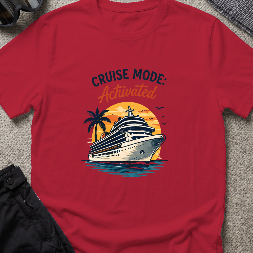 Cruise Mode Activated T-Shirt in Antique Cherry Red, front view.