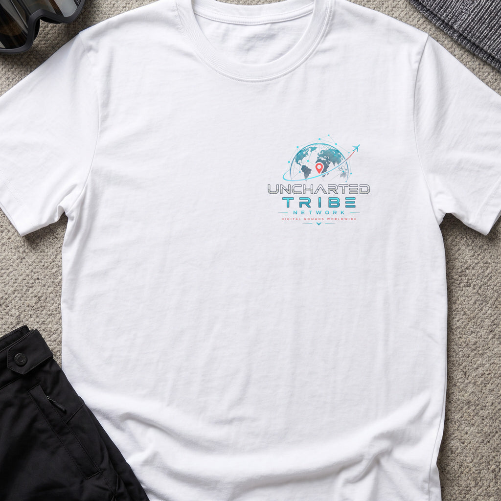 Uncharted Tribe Network — Cyber Tee in White, front view.