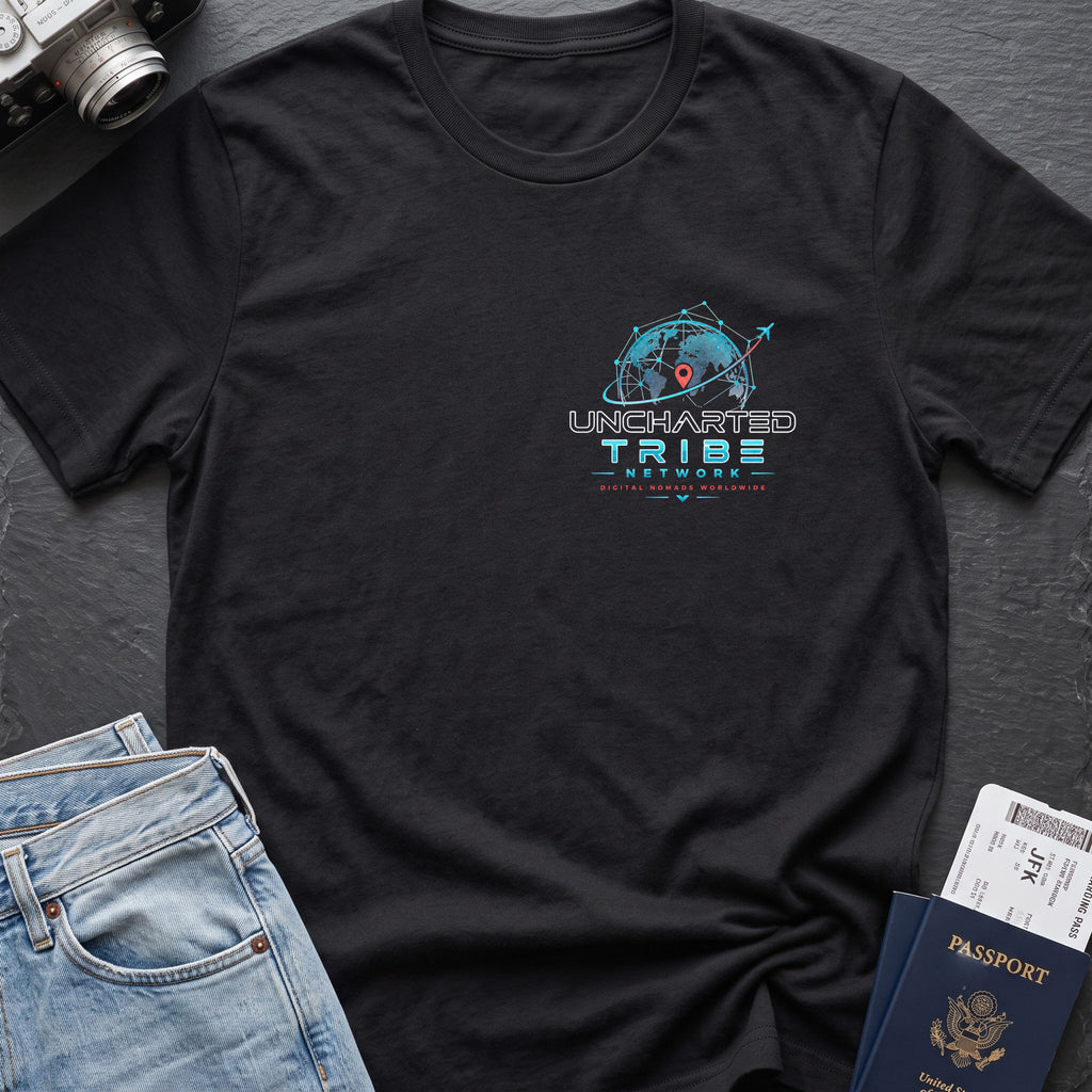 Uncharted Tribe Network — Cyber Tee in Black, front view.