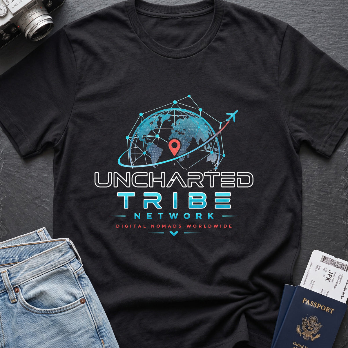 Uncharted Tribe Network — Cyber Tee in Solid Black Blend, front view.