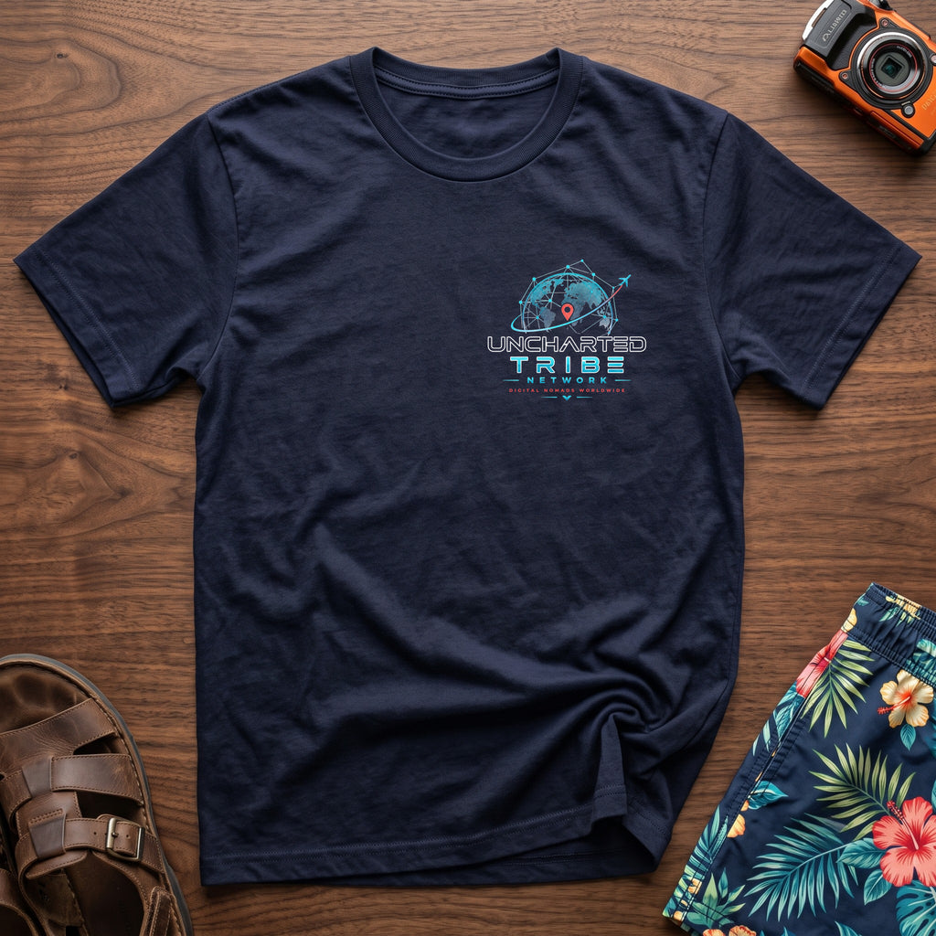 Uncharted Tribe Network — Cyber Tee in Navy, front view.
