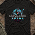 Uncharted Tribe Network — Cyber Tee in Black Heather, front view.
