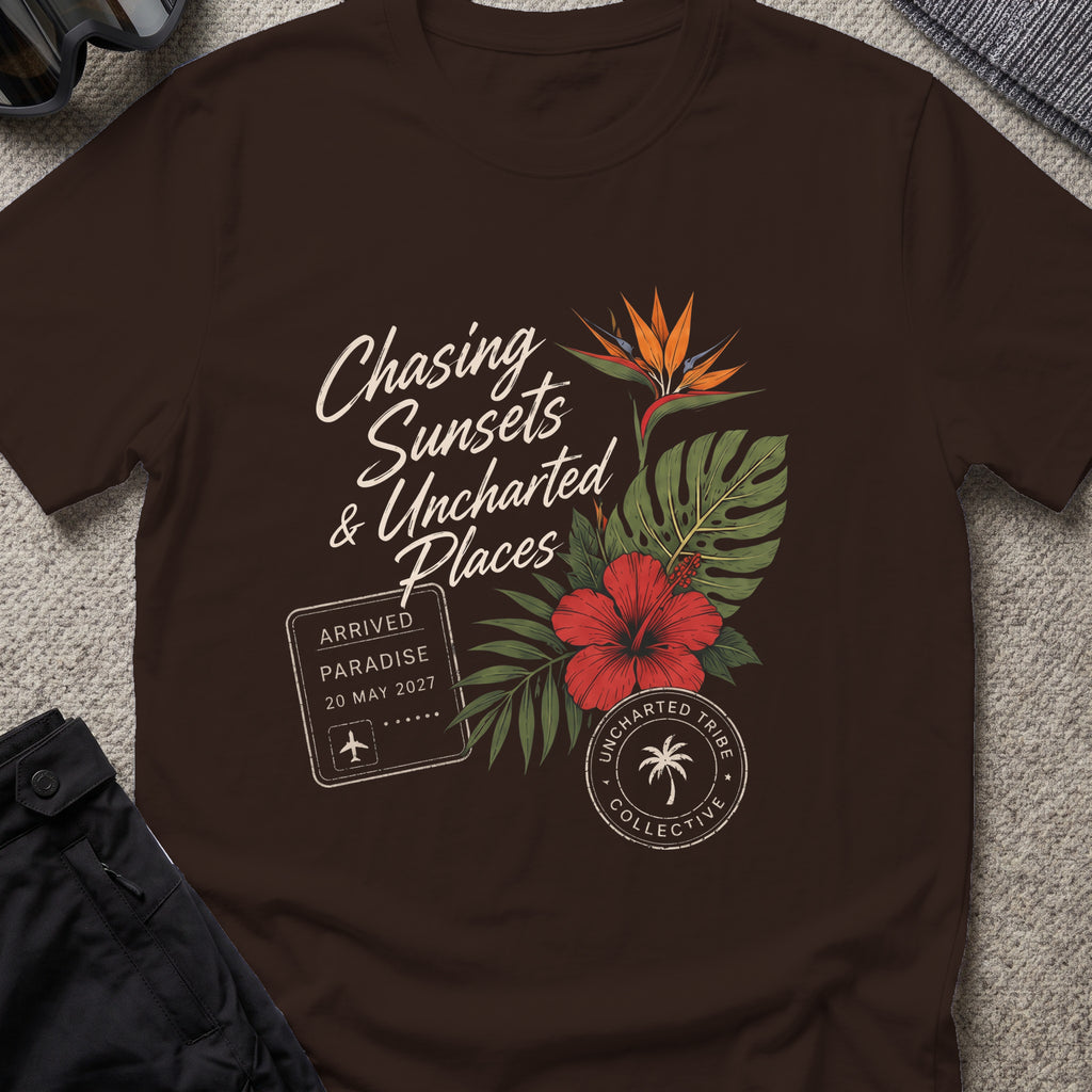 Chasing Uncharted Sunsets T-Shirt in Dark Chocolate, front view.