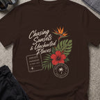 Chasing Uncharted Sunsets T-Shirt in Dark Chocolate, front view.