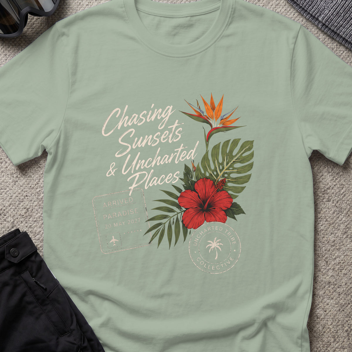 Chasing Uncharted Sunsets T-Shirt in Sage, front view.