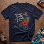 Chasing Uncharted Sunsets T-Shirt in Navy, front view.