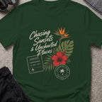 Chasing Uncharted Sunsets T-Shirt in Forest Green, front view.