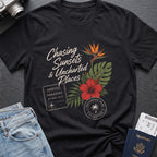 Chasing Uncharted Sunsets T-Shirt in Black, front view.