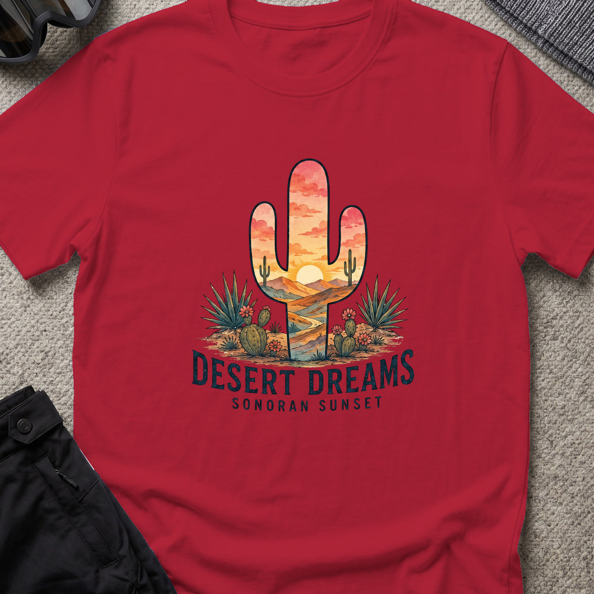 Desert Dreams T-Shirt — Sonoran Sunset in Antique Cherry Red, front view.