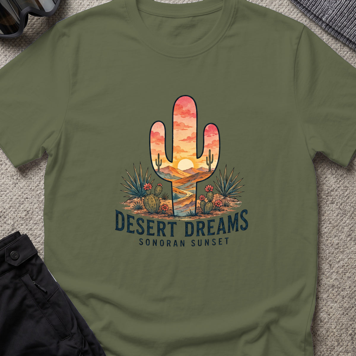Desert Dreams T-Shirt — Sonoran Sunset in Military Green, front view.