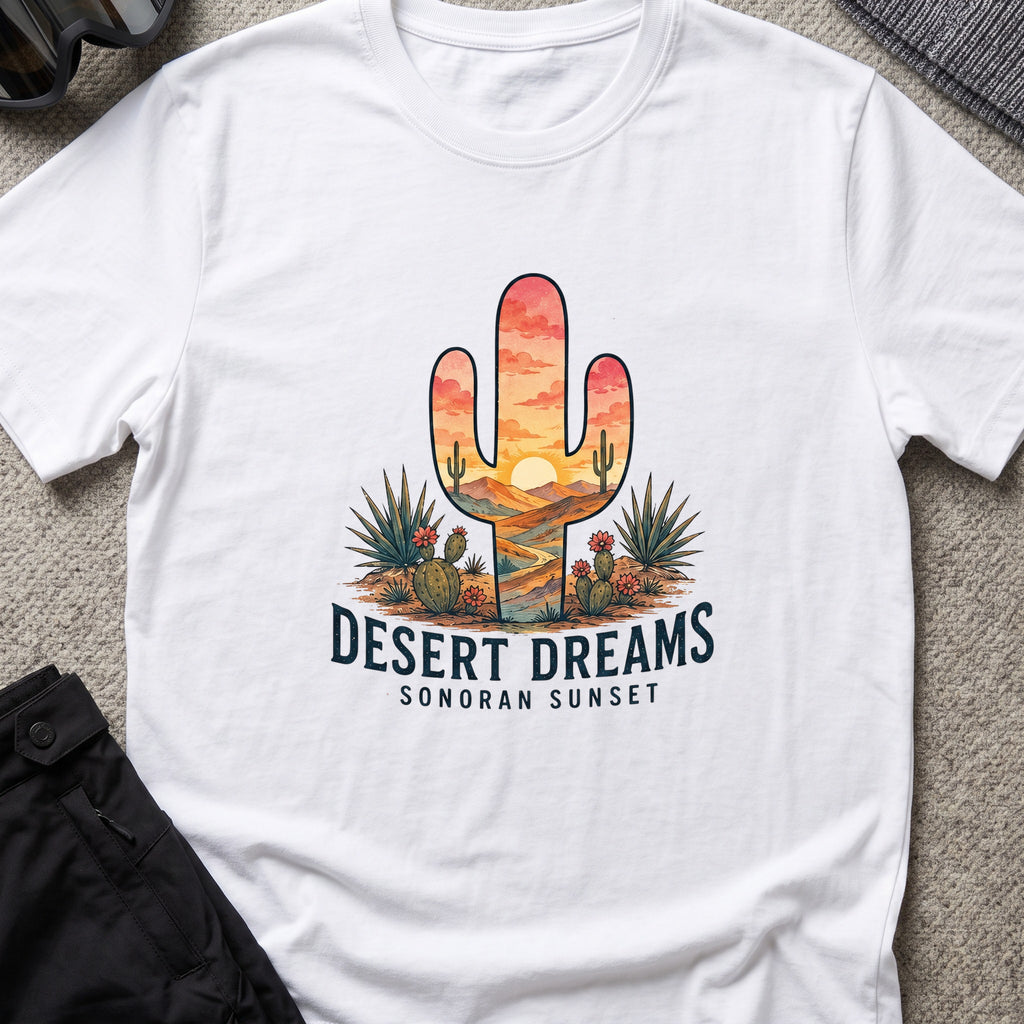 Desert Dreams T-Shirt — Sonoran Sunset in White, front view.