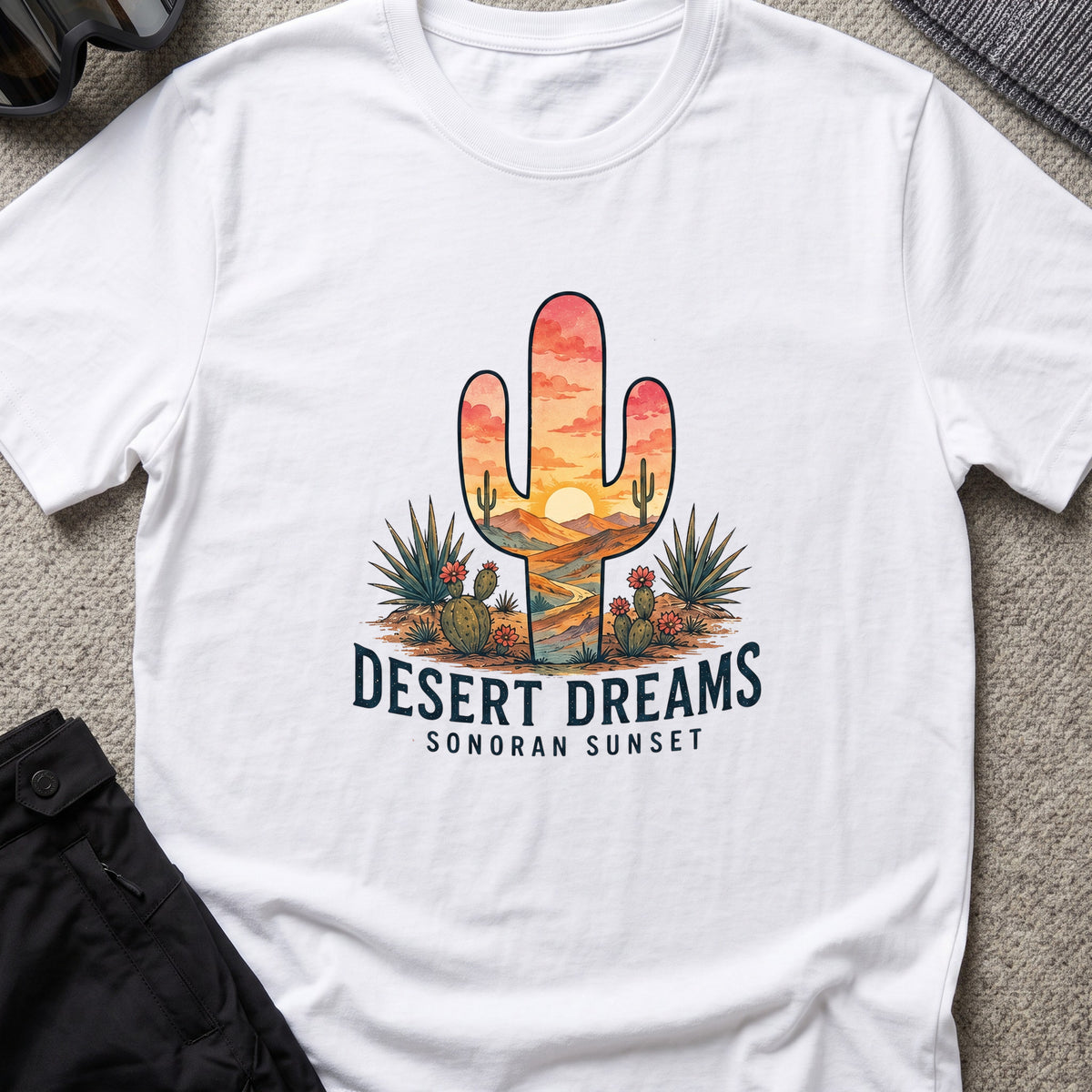 Desert Dreams T-Shirt — Sonoran Sunset in White, front view.