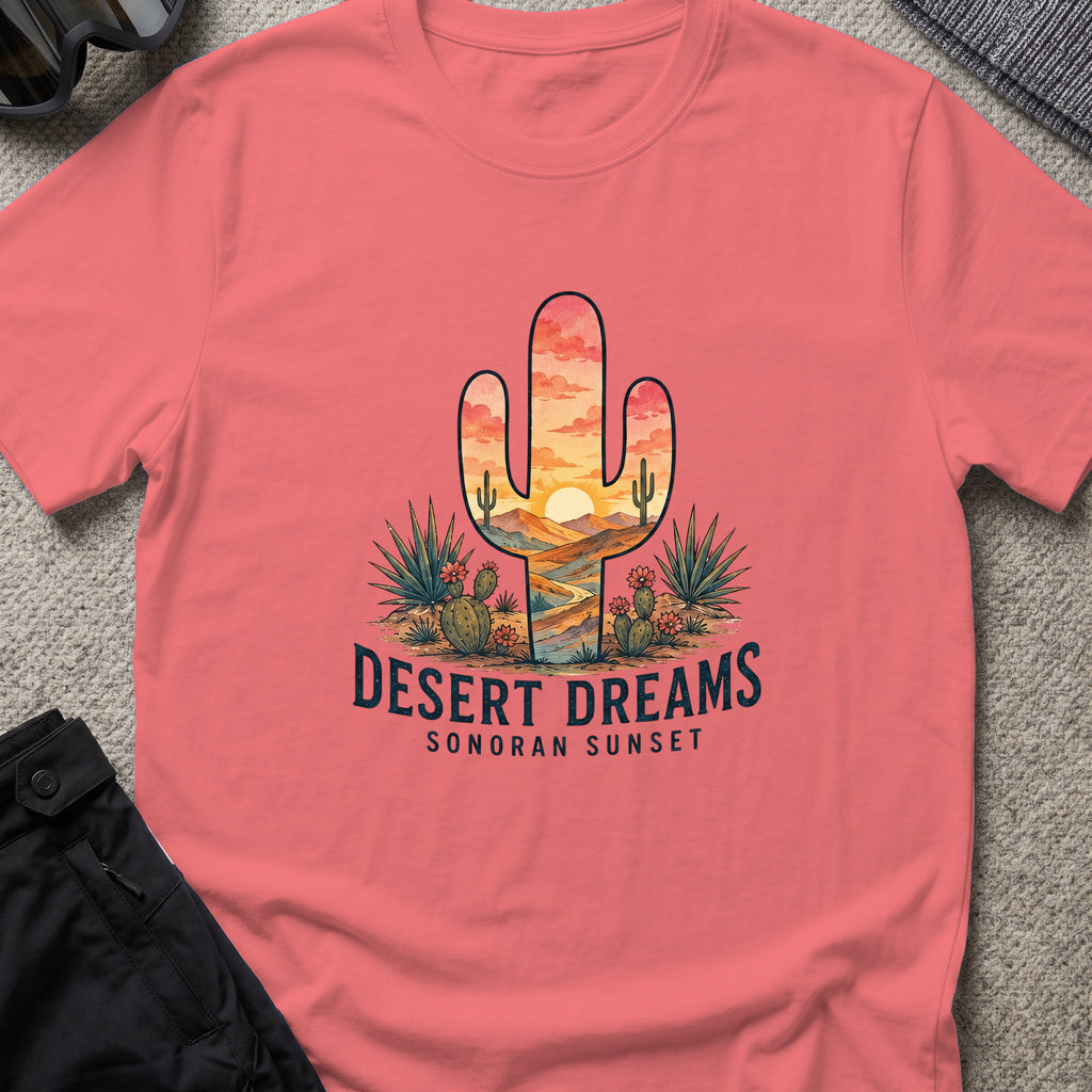 Desert Dreams T-Shirt — Sonoran Sunset in Coral Silk, front view.