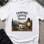Camping. Coffee. Repeat. T-Shirt in White, front view.