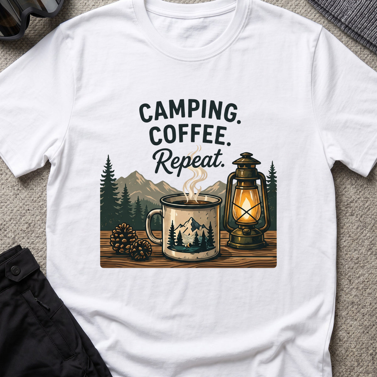 Camping. Coffee. Repeat. T-Shirt in White, front view.