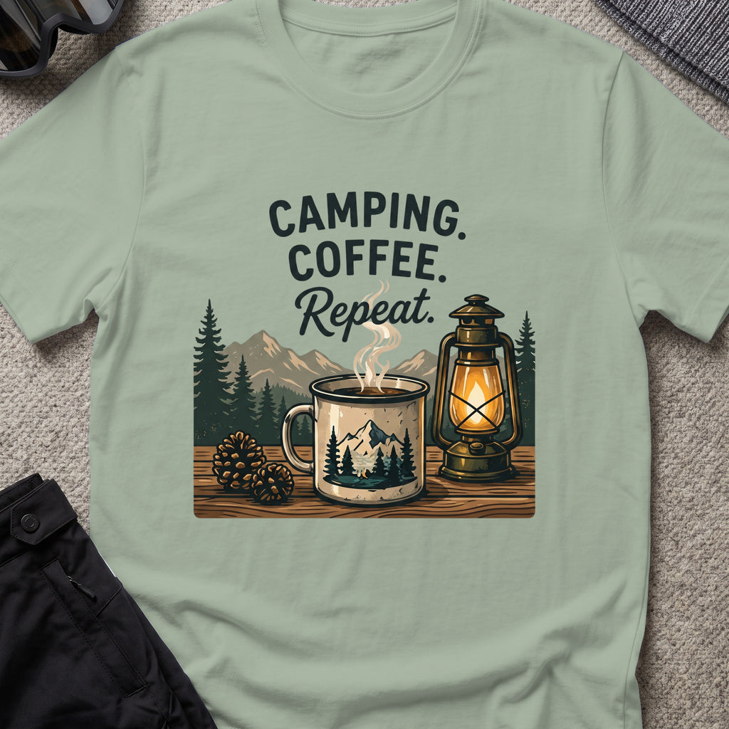 Camping. Coffee. Repeat. T-Shirt in Sage, front view.