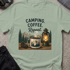 Camping. Coffee. Repeat. T-Shirt in Sage, front view.