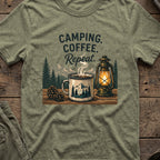 Camping. Coffee. Repeat. T-Shirt in Heather Military Green, front view.