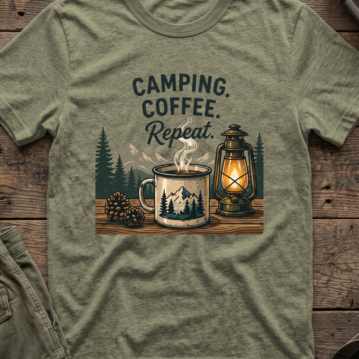 Camping. Coffee. Repeat. T-Shirt in Heather Military Green, front view.