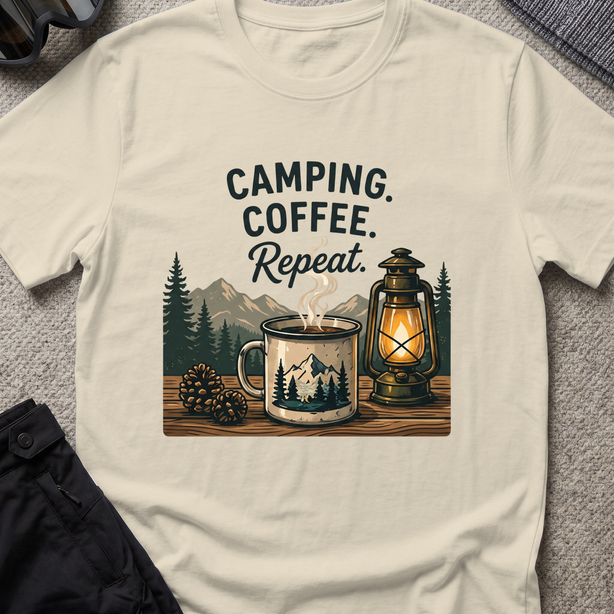 Camping. Coffee. Repeat. T-Shirt in Sand, front view.