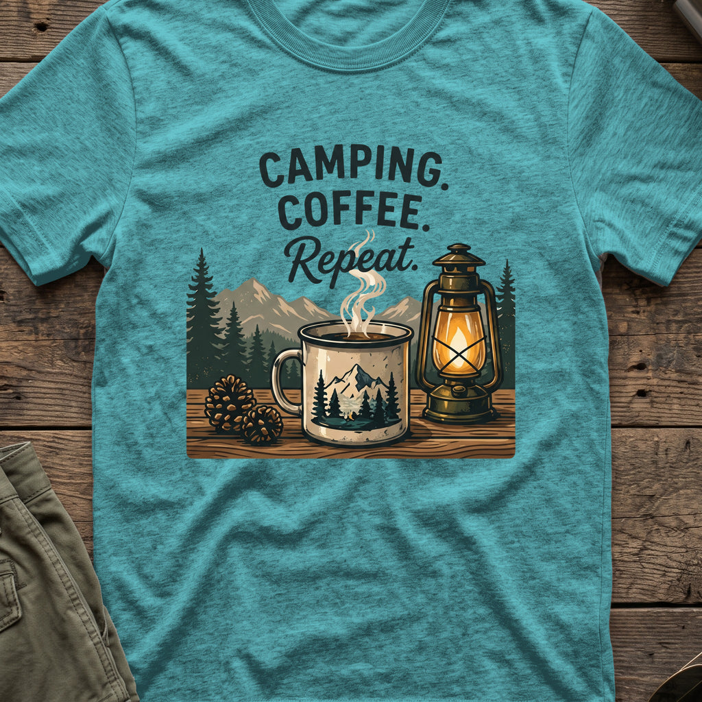 Camping. Coffee. Repeat. T-Shirt in Heather Galapagos Blue, front view.