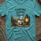Camping. Coffee. Repeat. T-Shirt in Heather Galapagos Blue, front view.