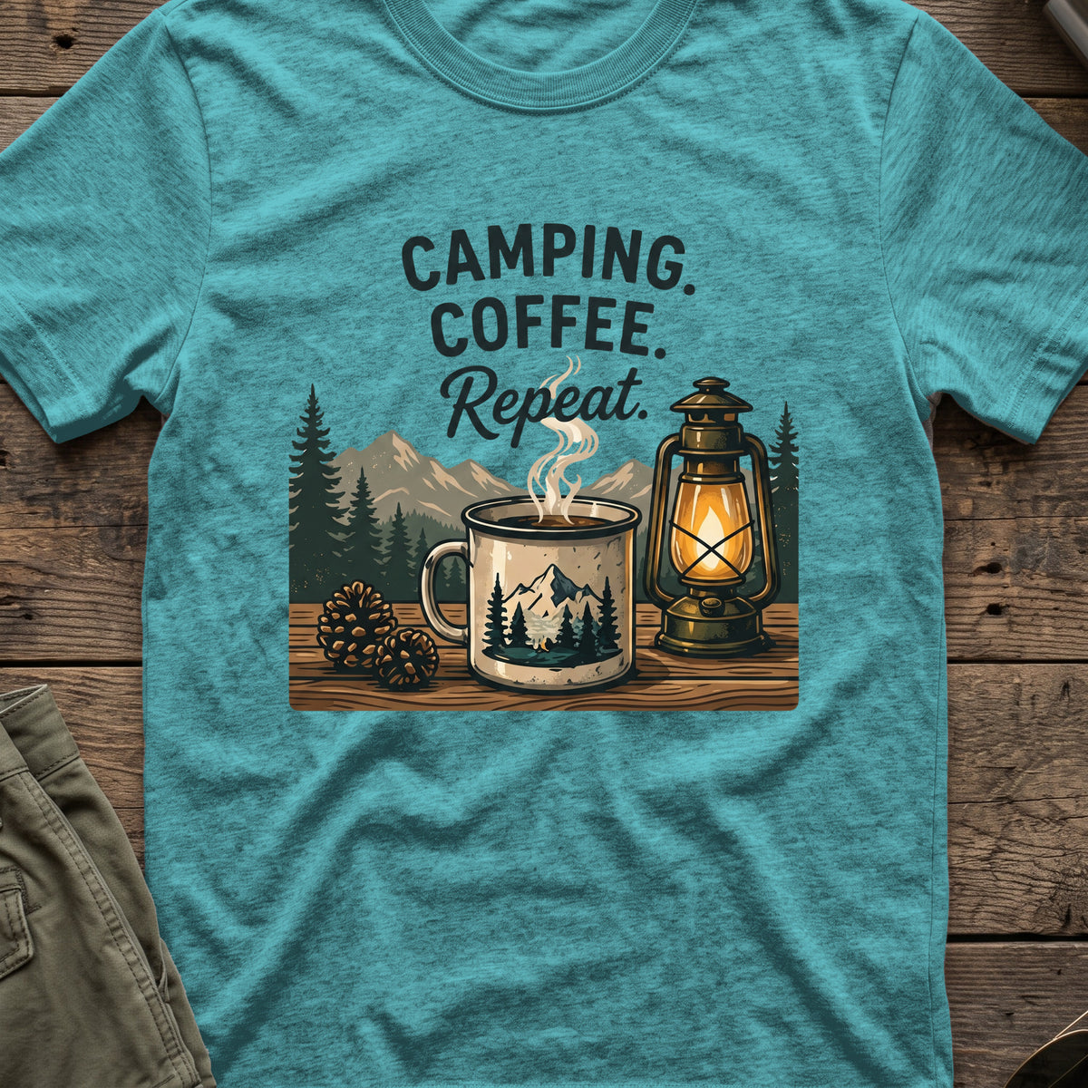 Camping. Coffee. Repeat. T-Shirt in Heather Galapagos Blue, front view.