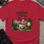 Camping. Coffee. Repeat. T-Shirt in Antique Cherry Red, front view.