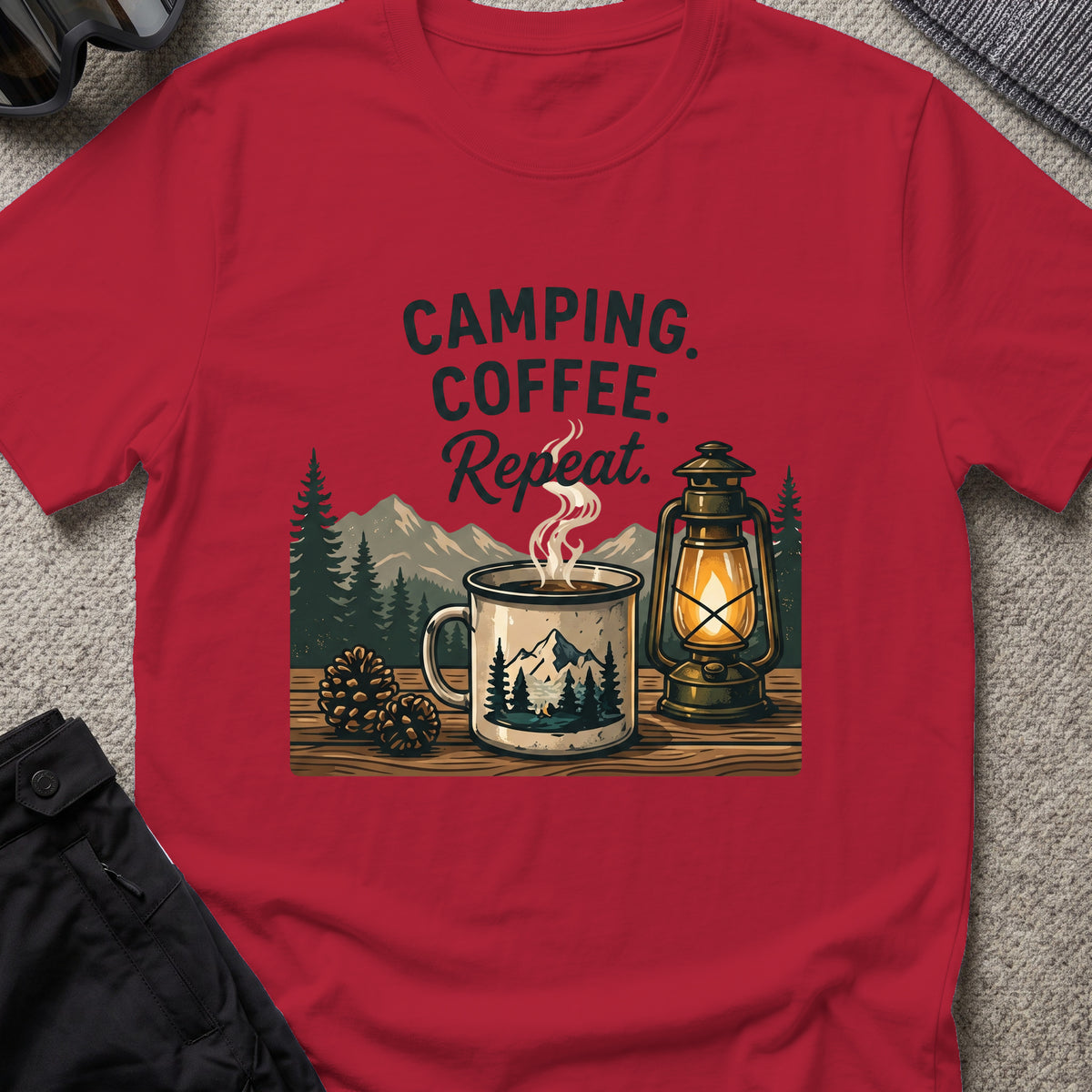 Camping. Coffee. Repeat. T-Shirt in Antique Cherry Red, front view.