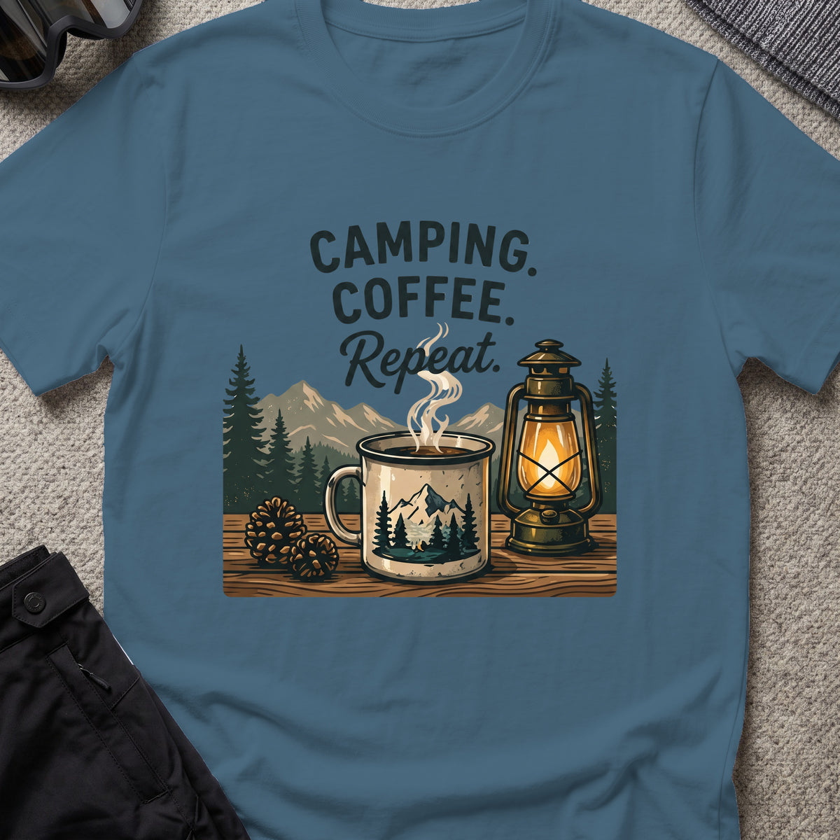 Camping. Coffee. Repeat. T-Shirt in Indigo Blue, front view.