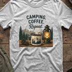 Camping. Coffee. Repeat. T-Shirt in Sport Grey, front view.