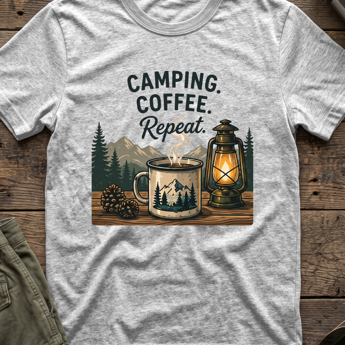 Camping. Coffee. Repeat. T-Shirt in Sport Grey, front view.