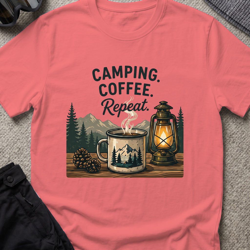 Camping. Coffee. Repeat. T-Shirt in Coral Silk, front view.