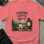 Camping. Coffee. Repeat. T-Shirt in Coral Silk, front view.