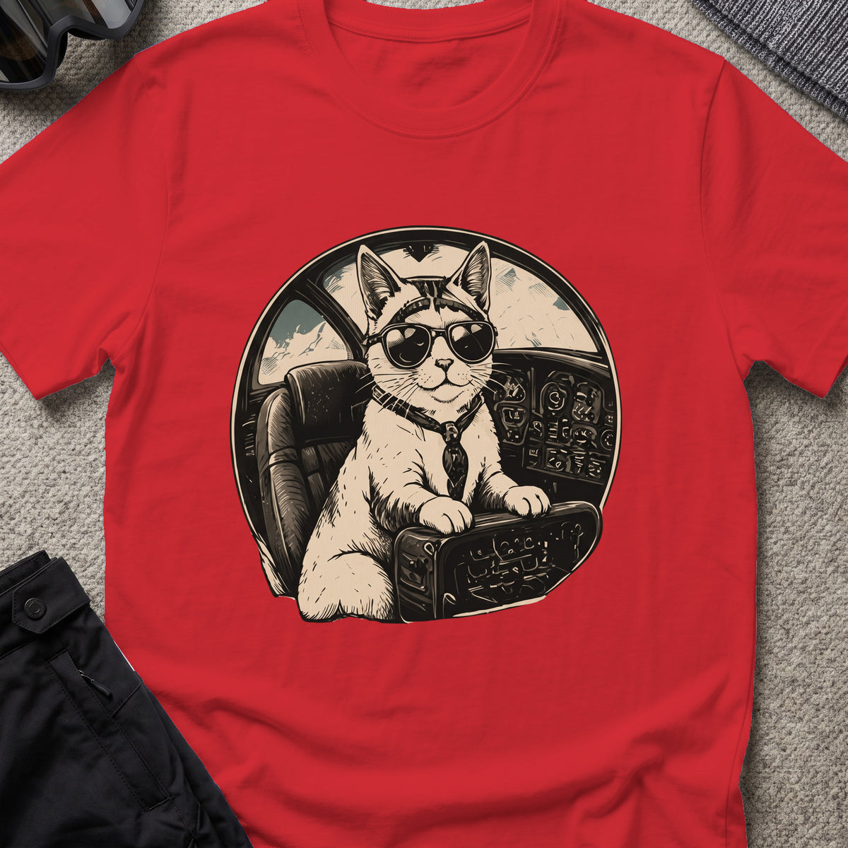 Cat Pilot T-Shirt in Red, front view.