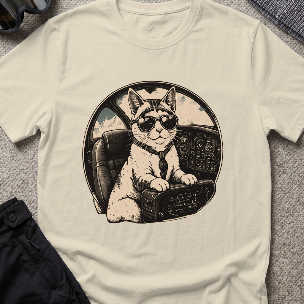 Cat Pilot T-Shirt in Sand, front view.