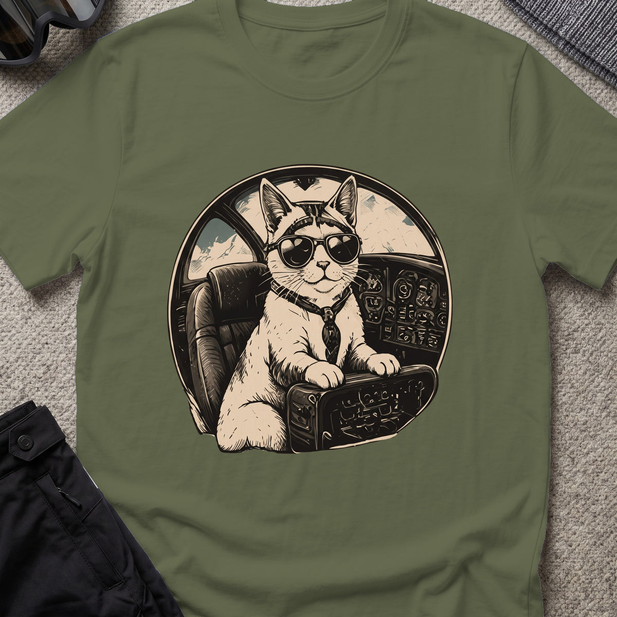 Cat Pilot T-Shirt in Military Green, front view.