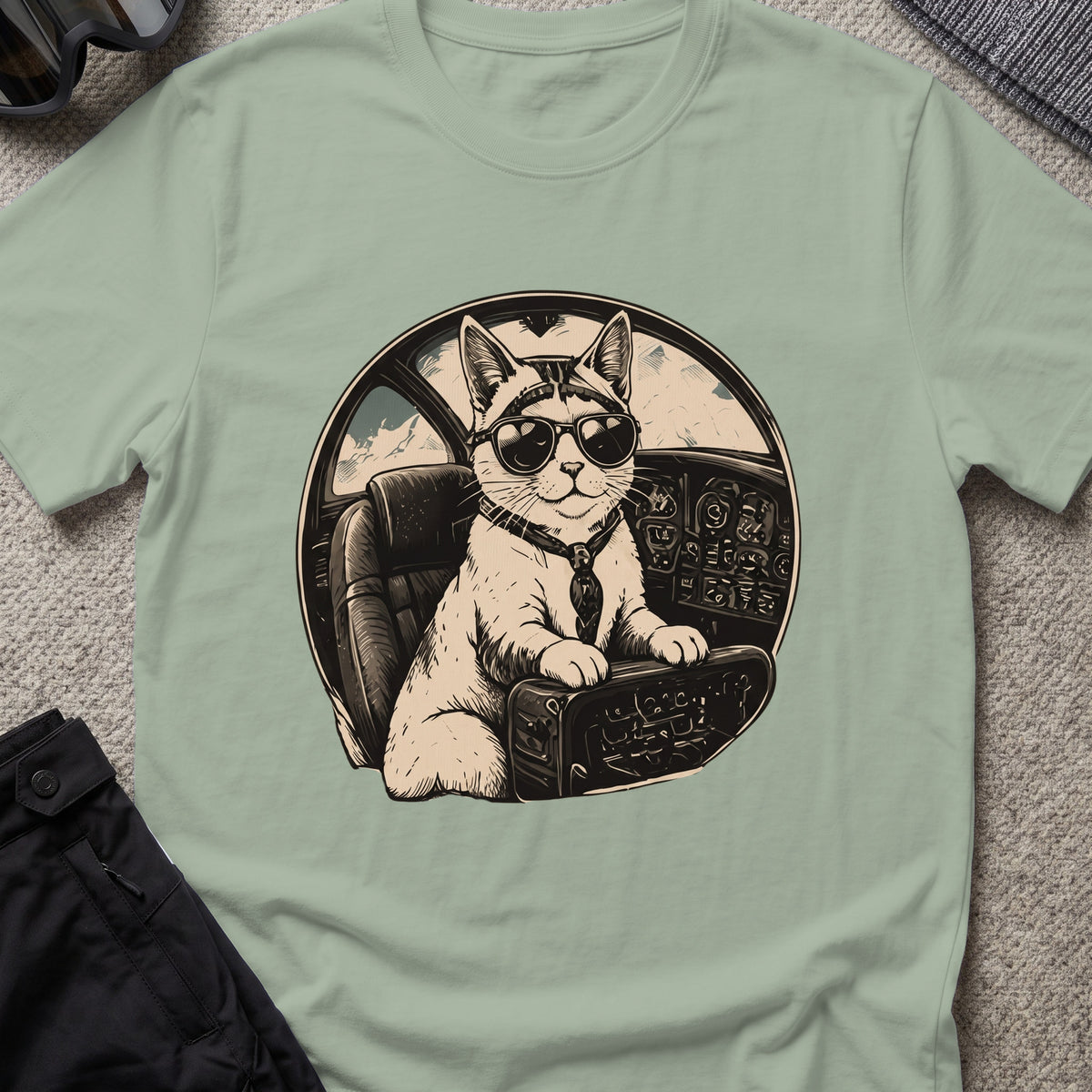 Cat Pilot T-Shirt in Sage, front view.