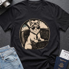 Cat Pilot T-Shirt in Black, front view.
